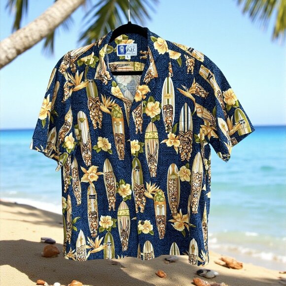Styled by RJC Men's Vintage Hawaiian Surfboard Tiki Floral Shirt Size L - Picture 1 of 9